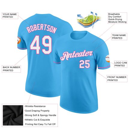 Custom Name and Number Performance T-Shirt - Sky Blue White Pink Team Apparel Personalized Sky Blue White-Pink Performance