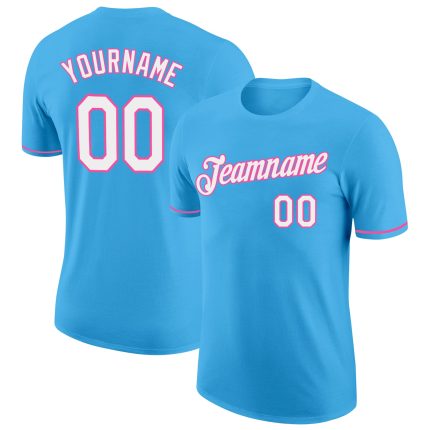 Custom Name and Number Performance T-Shirt - Sky Blue White Pink Team Apparel Personalized Sky Blue White-Pink Performance