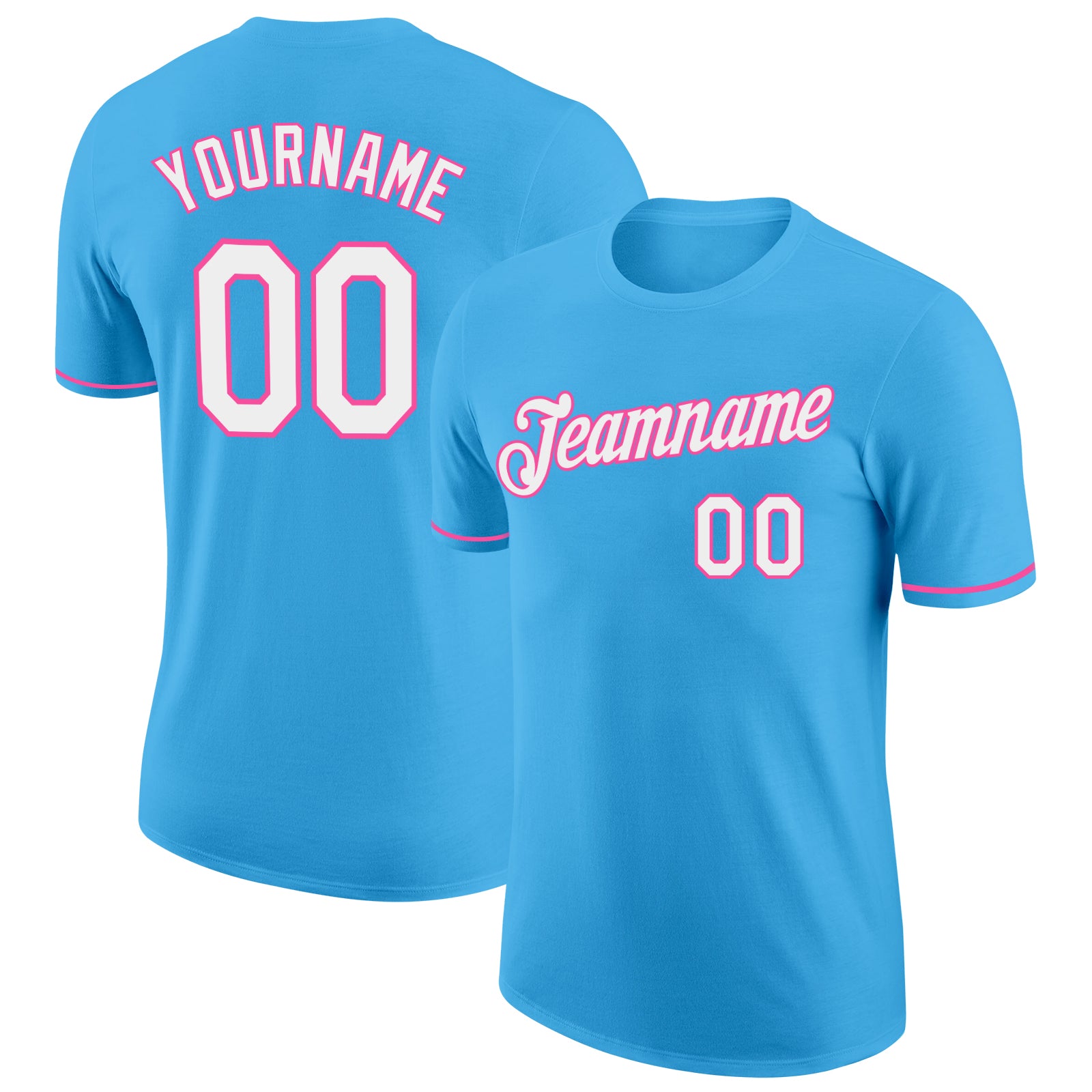 Custom Name and Number Performance T-Shirt - Sky Blue White Pink Team Apparel Personalized Sky Blue White-Pink Performance
