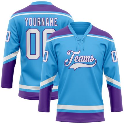 Custom Name Number Hockey Lace Neck Jersey Sky Blue White Purple Team Personalized Sky Blue White-Purple Hockey Lace Neck