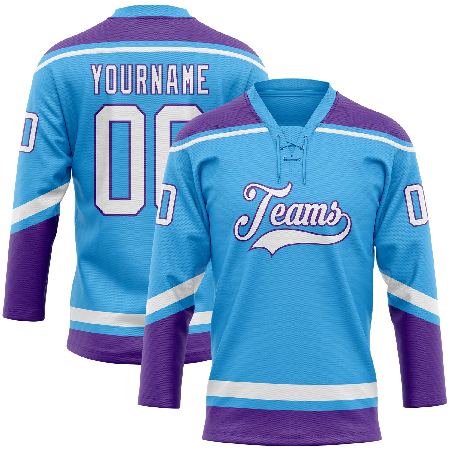 Custom Name Number Hockey Lace Neck Jersey Sky Blue White Purple Team Personalized Sky Blue White-Purple Hockey Lace Neck