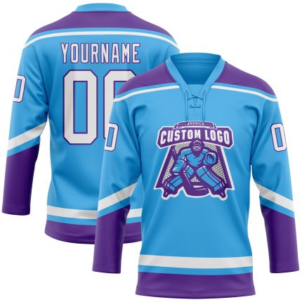 Custom Name Number Hockey Lace Neck Jersey Sky Blue White Purple Team Personalized Sky Blue White-Purple Hockey Lace Neck