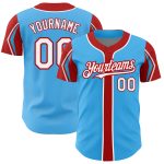 Custom Sky Blue Baseball Jersey with Red White Arm Shapes, Personalized Name and Number - Authentic Team Apparel Personalized