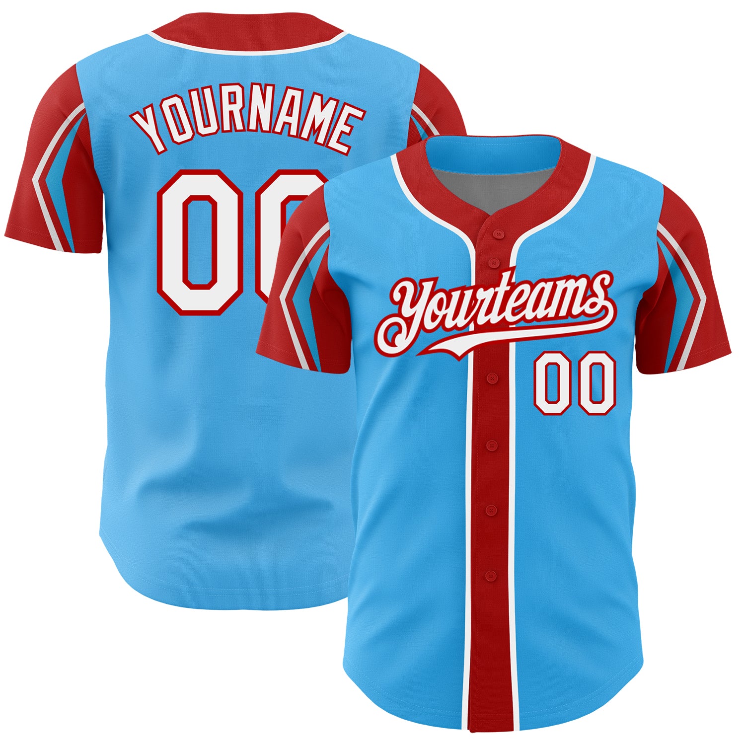 Custom Sky Blue Baseball Jersey with Red White Arm Shapes, Personalized Name and Number - Authentic Team Apparel Personalized