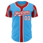 Custom Sky Blue Baseball Jersey with Red White Arm Shapes, Personalized Name and Number - Authentic Team Apparel Personalized
