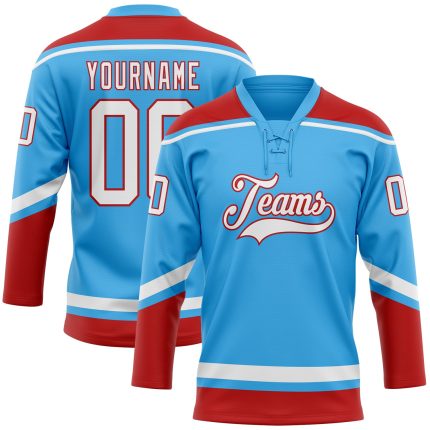 Custom Sky Blue Hockey Jersey with Red-White Laces, Personalized Name and Number, Team Apparel Personalized Sky Blue White-Red