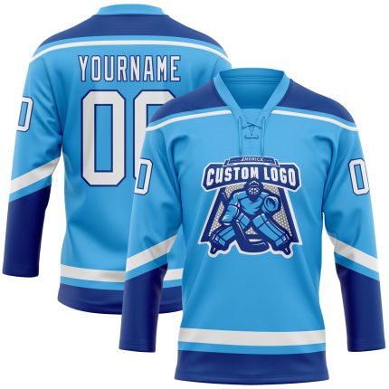 Custom Name and Number Sky Blue White-Royal Hockey Jersey - Personalized Lace Neck Team Jersey Personalized Sky Blue White-Royal