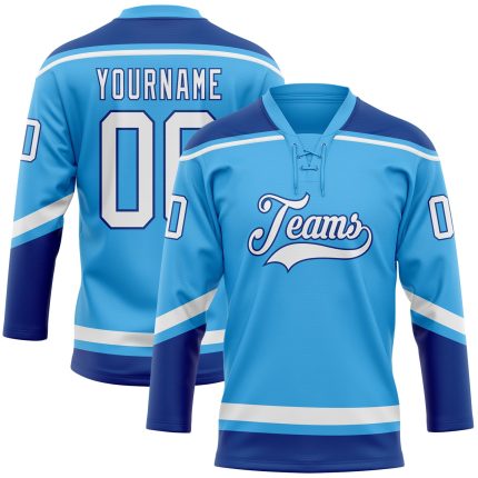 Custom Name and Number Sky Blue White-Royal Hockey Jersey - Personalized Lace Neck Team Jersey Personalized Sky Blue White-Royal