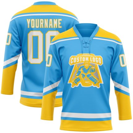 Custom Name Number Hockey Jersey Sky Blue White Yellow Lace Neck - Personalized Team Gear Personalized Sky Blue White-Yellow