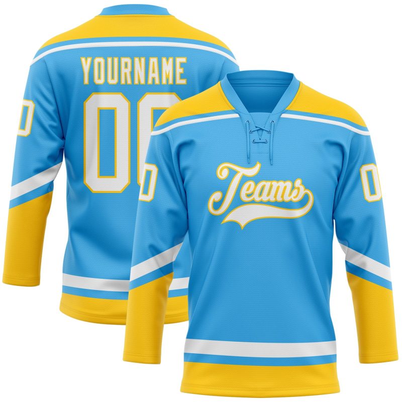 Custom Name Number Hockey Jersey Sky Blue White Yellow Lace Neck - Personalized Team Gear Personalized Sky Blue White-Yellow