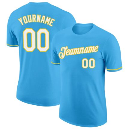 Custom Team Name Number Performance T-Shirt in Sky Blue White Yellow - Personalized Sportswear Personalized Sky Blue White-Yellow