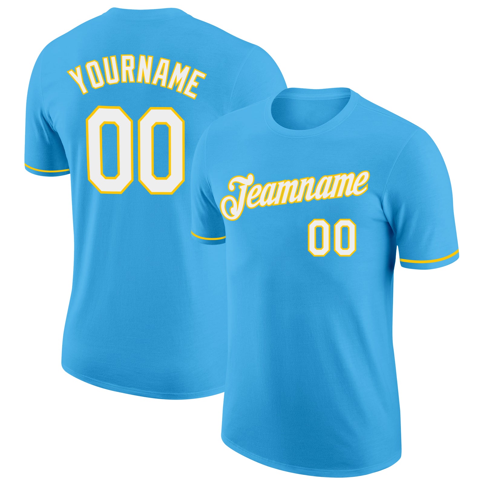 Custom Team Name Number Performance T-Shirt in Sky Blue White Yellow - Personalized Sportswear Personalized Sky Blue White-Yellow