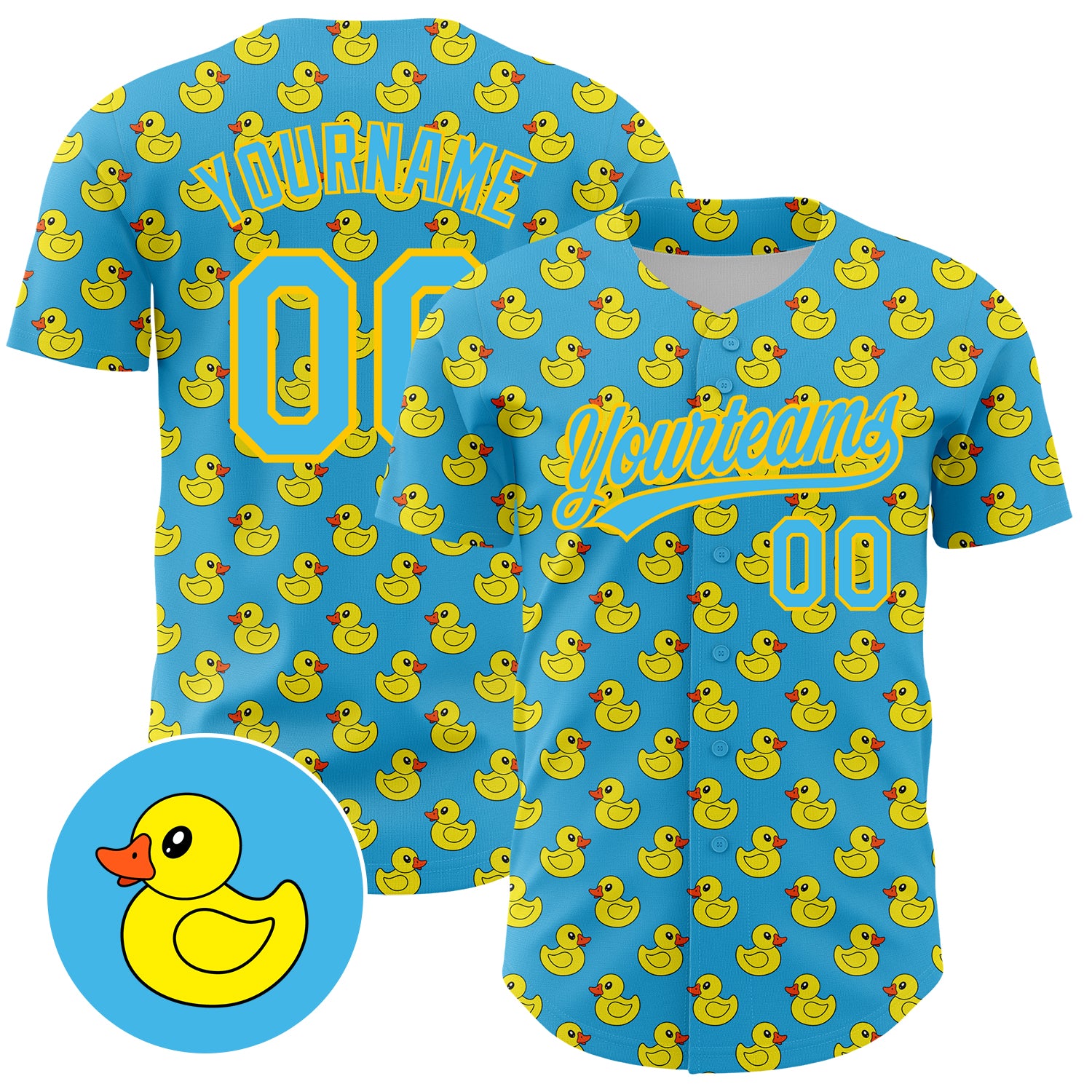 Personalized Animal Duck Baseball Jersey - 3D Sky Blue Yellow Pattern, Custom Name & Number Personalized Sky Blue Yellow