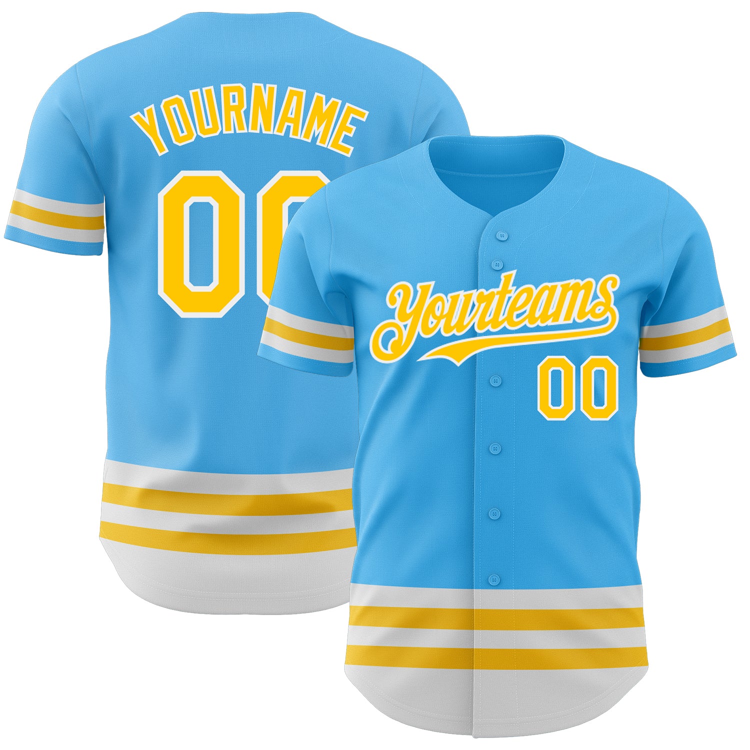 Custom Team Baseball Jersey - Personalized Sky Blue and Yellow-White Lines with Name and Number Personalized Sky Blue Yellow-White