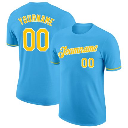 Custom Team Performance T-Shirt with Name and Number - Sky Blue Yellow-White Personalized Sky Blue Yellow-White Performance