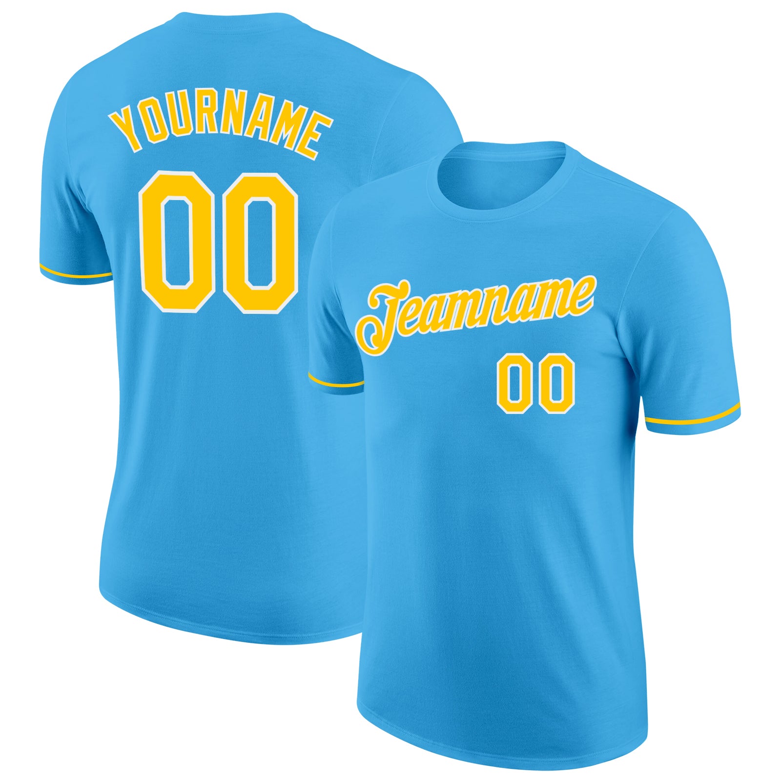 Custom Team Performance T-Shirt with Name and Number - Sky Blue Yellow-White Personalized Sky Blue Yellow-White Performance