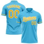 Custom Performance Vapor Golf Polo Shirt - Personalized Sky Blue Yellow-White Team Name and Number Personalized Sky Blue