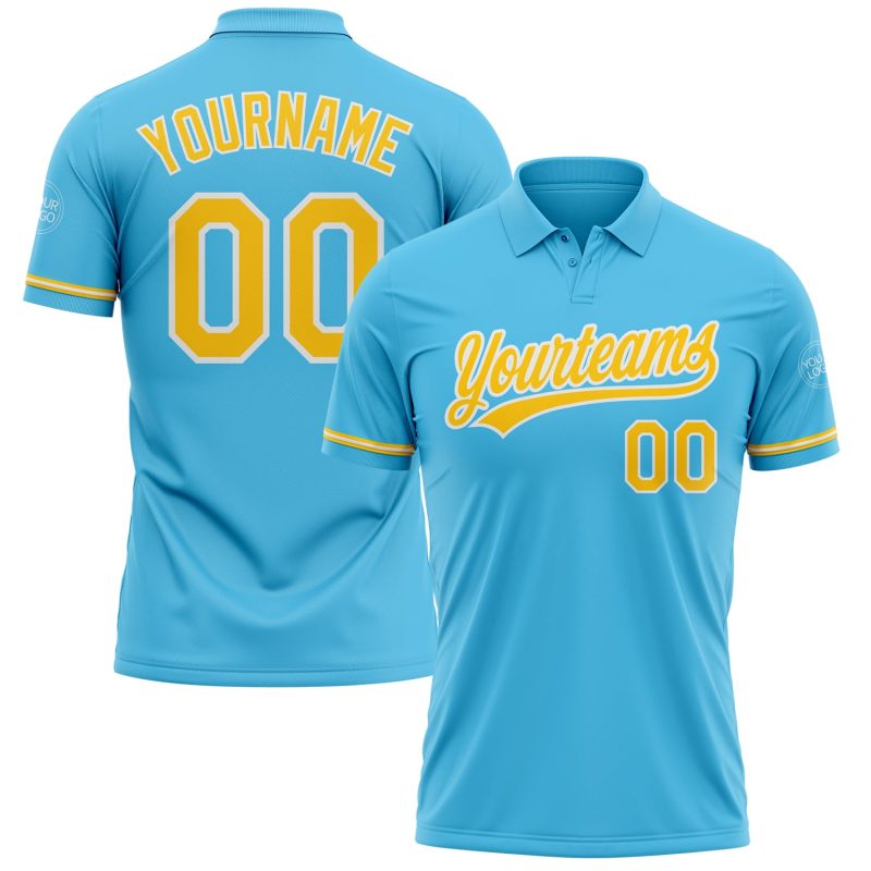 Custom Performance Vapor Golf Polo Shirt - Personalized Sky Blue Yellow-White Team Name and Number Personalized Sky Blue