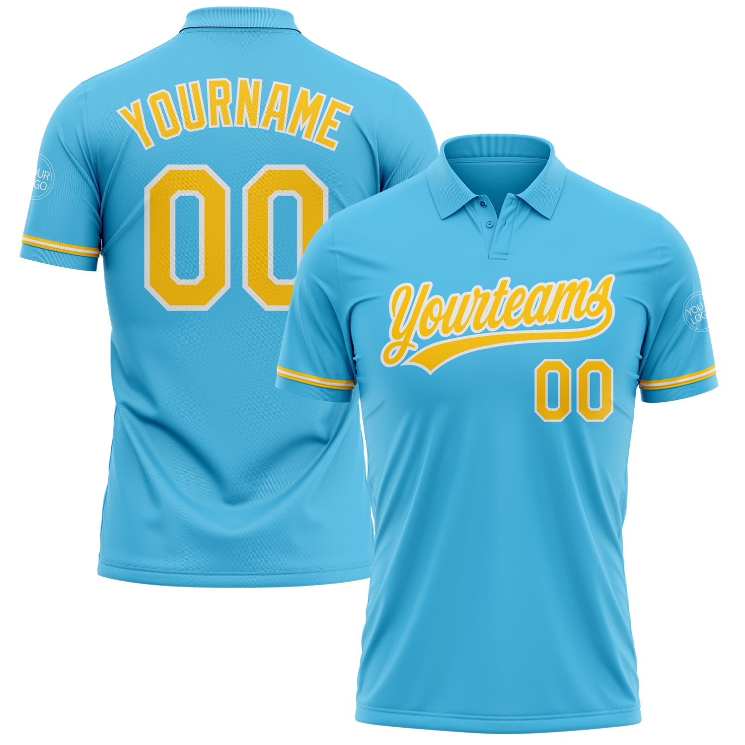 Custom Performance Vapor Golf Polo Shirt - Personalized Sky Blue Yellow-White Team Name and Number Personalized Sky Blue