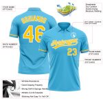 Custom Performance Vapor Golf Polo Shirt - Personalized Sky Blue Yellow-White Team Name and Number Personalized Sky Blue