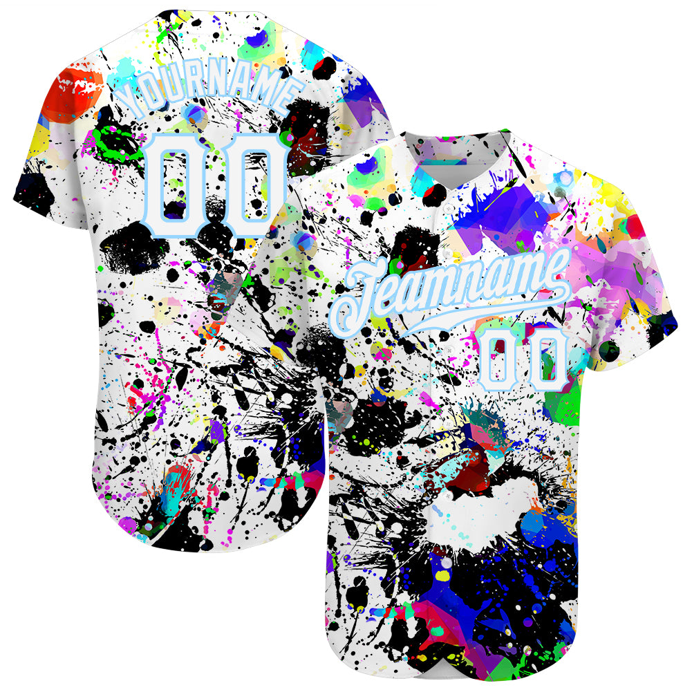 Custom Name Number Personalized 3D Baseball Jersey Graffiti Pattern White Light Blue Authentic Team Gear Personalized Splashes