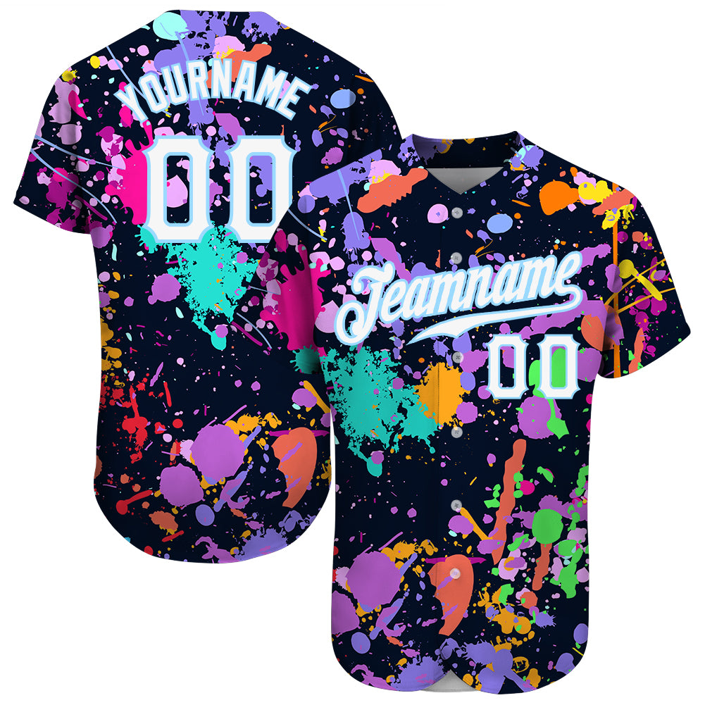 Personalized Graffiti Pattern 3D Baseball Jersey in White-Light Blue Personalized Splashes Graffiti Pattern White-Light Blue