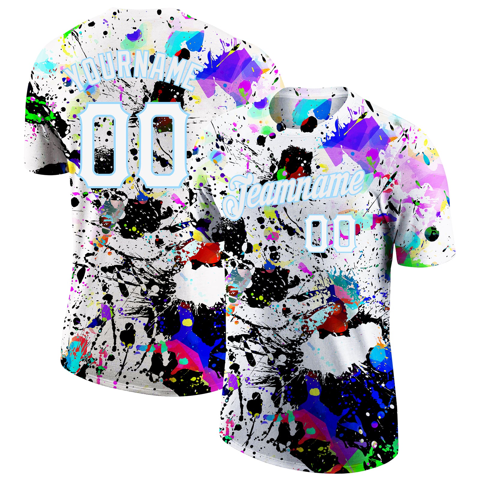 Personalized 3D Performance T-Shirt with Graffiti Pattern in White and Light Blue Personalized Splashes Graffiti Pattern