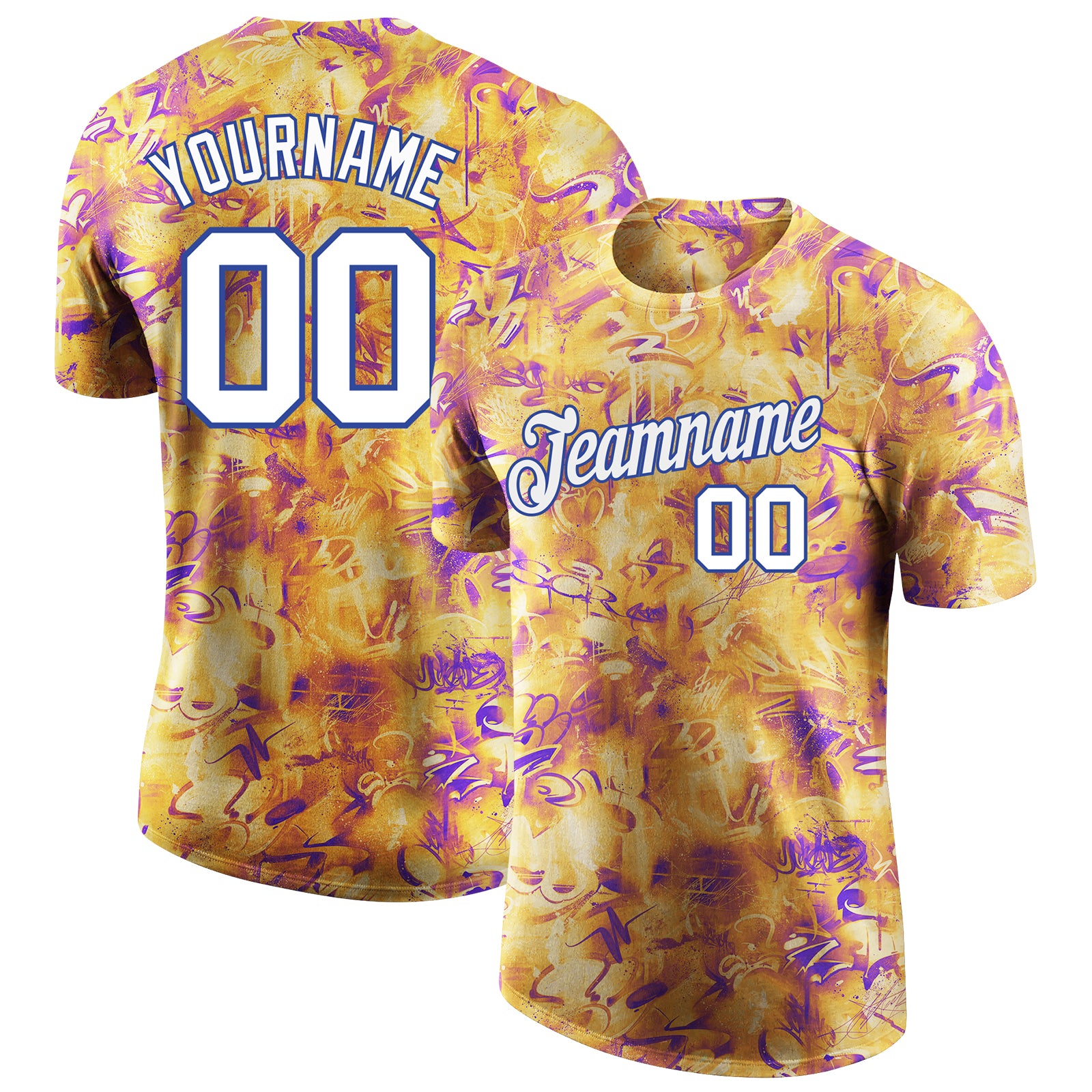 Custom Name and Number Personalized 3D Performance T-Shirt White-Royal Graffiti Pattern for Team Sports Personalized Splashes