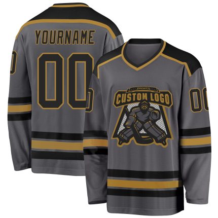 Personalized Hockey Jersey in Steel Gray and Black with Old Gold Accents Personalized Steel Gray Black-Old Gold Hockey Jersey