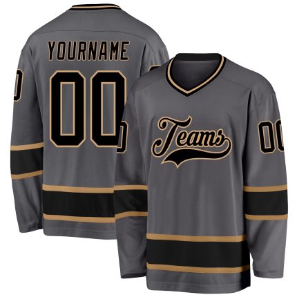Custom Name Number Hockey Jersey - Personalized Steel Gray Black and Old Gold Team Jersey Personalized Steel Gray Black-Old