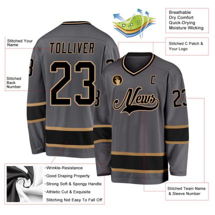 Custom Name Number Hockey Jersey - Personalized Steel Gray Black and Old Gold Team Jersey Personalized Steel Gray Black-Old