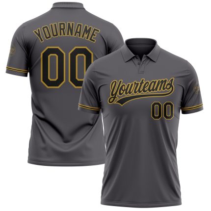 Custom Performance Vapor Golf Polo Shirt - Personalized Steel Gray Black-Old Gold with Team Name and Number Personalized