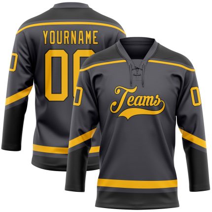 Custom Hockey Lace Neck Jersey with Personalized Name & Number in Steel Gray and Gold-Black Personalized Steel Gray Gold-Black