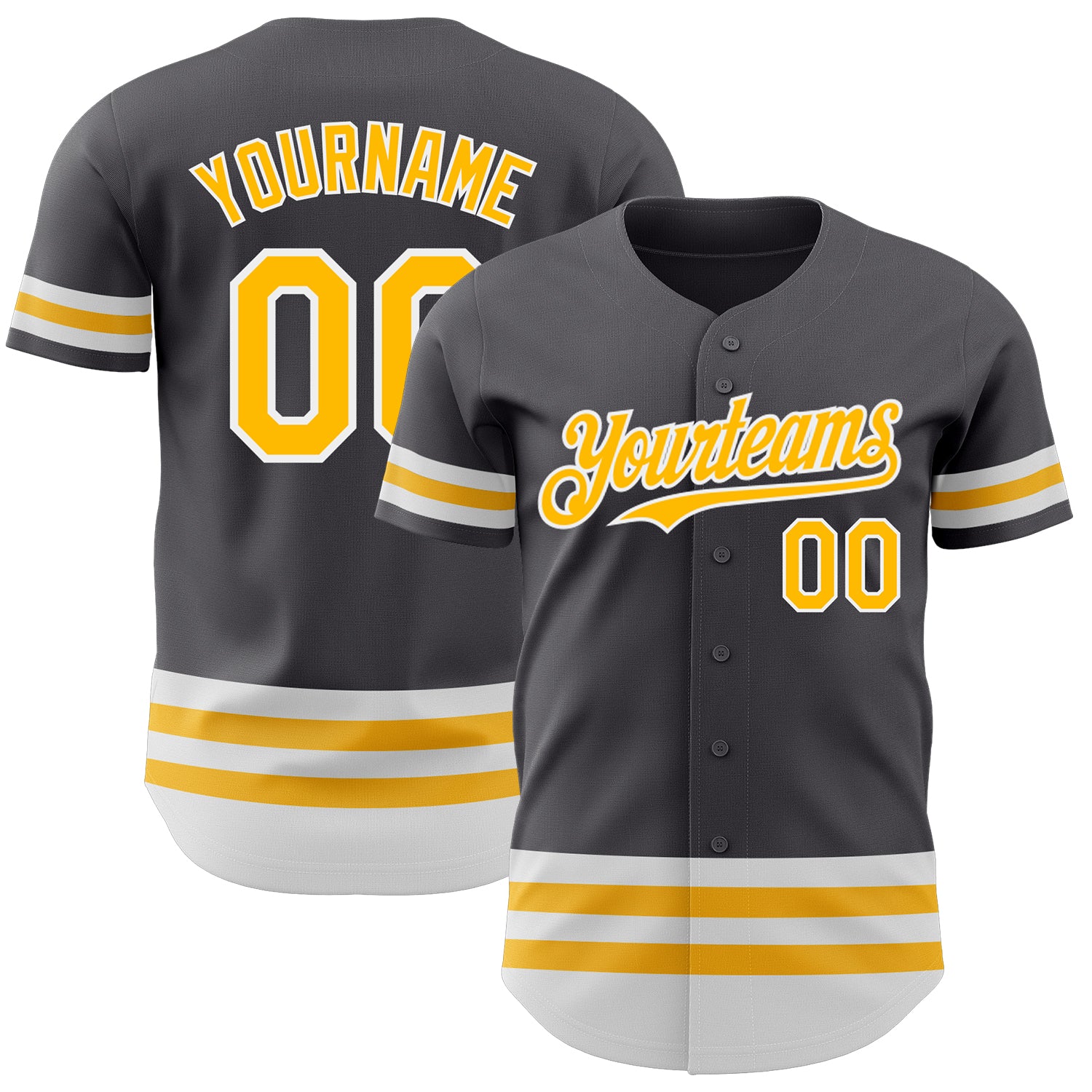 Customizable Steel Gray Baseball Jersey with Gold-White Lines, Team Name & Number - Authentic Design Personalized Steel Gray
