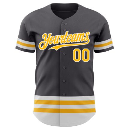 Customizable Steel Gray Baseball Jersey with Gold-White Lines, Team Name & Number - Authentic Design Personalized Steel Gray