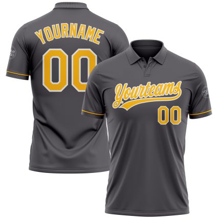 Custom Name Number Golf Polo Shirt - Personalized Steel Gray Gold-White Performance Personalized Steel Gray Gold-White Performance