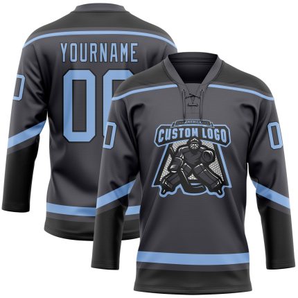 Custom Name Number Hockey Jersey Steel Gray Light Blue Black Lace Neck Team Personalized Personalized Steel Gray Light Blue-Black