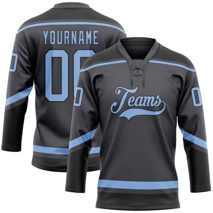 Custom Name Number Hockey Jersey Steel Gray Light Blue Black Lace Neck Team Personalized Personalized Steel Gray Light Blue-Black