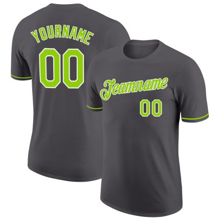 Custom Name and Number Performance T-Shirt in Steel Gray with Neon Green-White Details - Perfect for Teams Personalized Steel