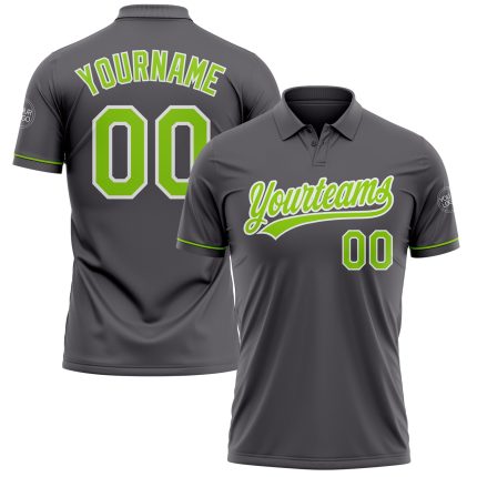Custom Team Performance Golf Polo Shirt in Steel Gray and Neon Green-White with Name and Number Personalized Steel Gray Neon