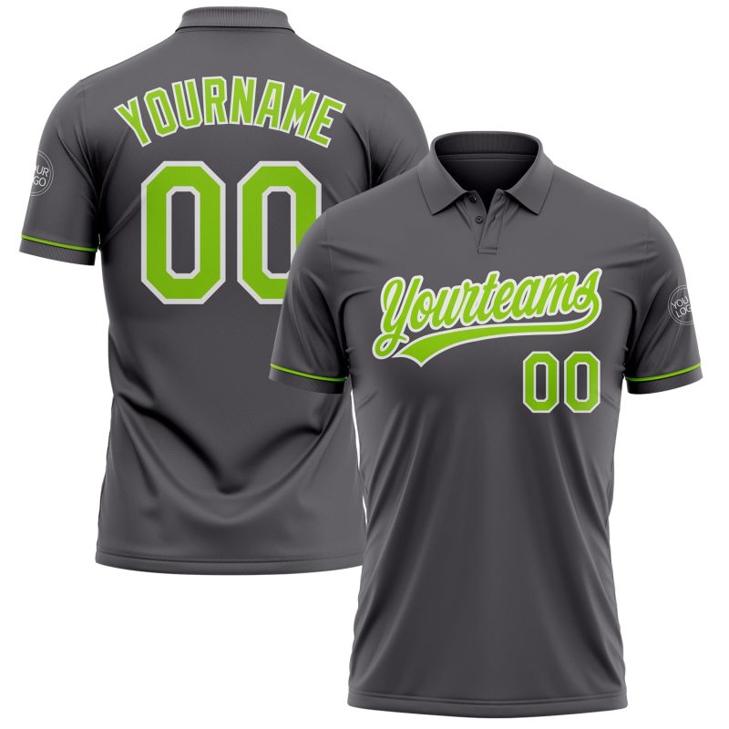 Custom Team Performance Golf Polo Shirt in Steel Gray and Neon Green-White with Name and Number Personalized Steel Gray Neon