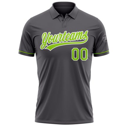 Custom Team Performance Golf Polo Shirt in Steel Gray and Neon Green-White with Name and Number Personalized Steel Gray Neon