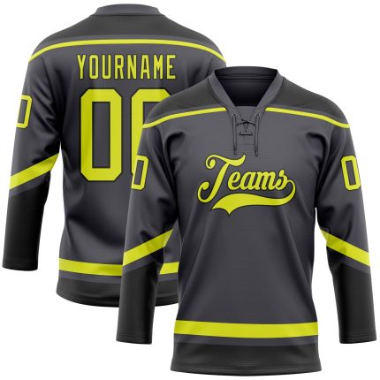 Custom Hockey Jersey with Name & Number - Personalized Steel Gray Neon Yellow-Black Lace Neck Design Personalized Steel Gray