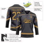 Custom Hockey Jersey with Personalized Name and Number in Steel Gray, Old Gold, and Black Lace Neck Design Personalized Steel