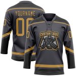Custom Hockey Jersey with Personalized Name and Number in Steel Gray, Old Gold, and Black Lace Neck Design Personalized Steel