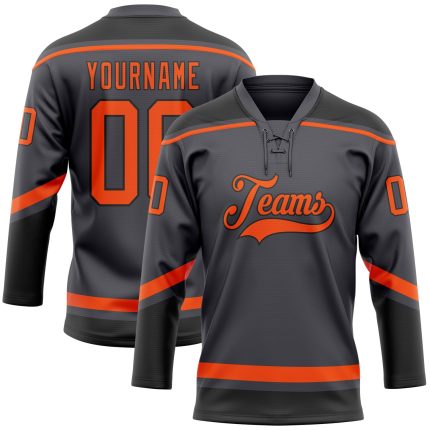 Custom Name and Number Hockey Jersey - Personalized Steel Gray Orange-Black Lace Neck Team Design Personalized Steel Gray
