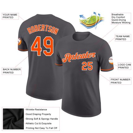 Custom Team Performance T-Shirt with Personalized Name and Number - Steel Gray Orange-White Personalized Steel Gray Orange-White