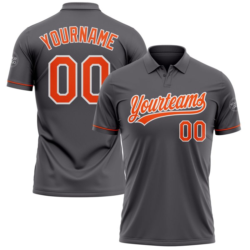 Custom Team Name Number Golf Polo Shirt - Personalized Steel Gray Orange-White Performance Personalized Steel Gray Orange-White
