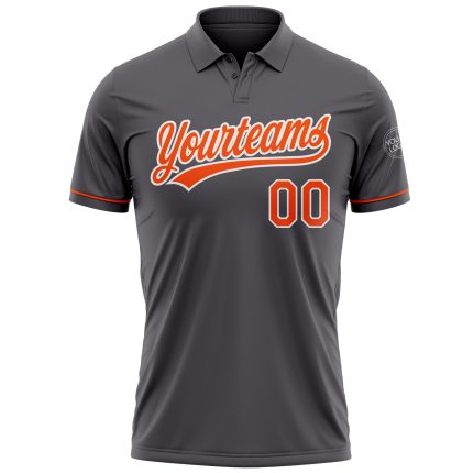 Custom Team Name Number Golf Polo Shirt - Personalized Steel Gray Orange-White Performance Personalized Steel Gray Orange-White