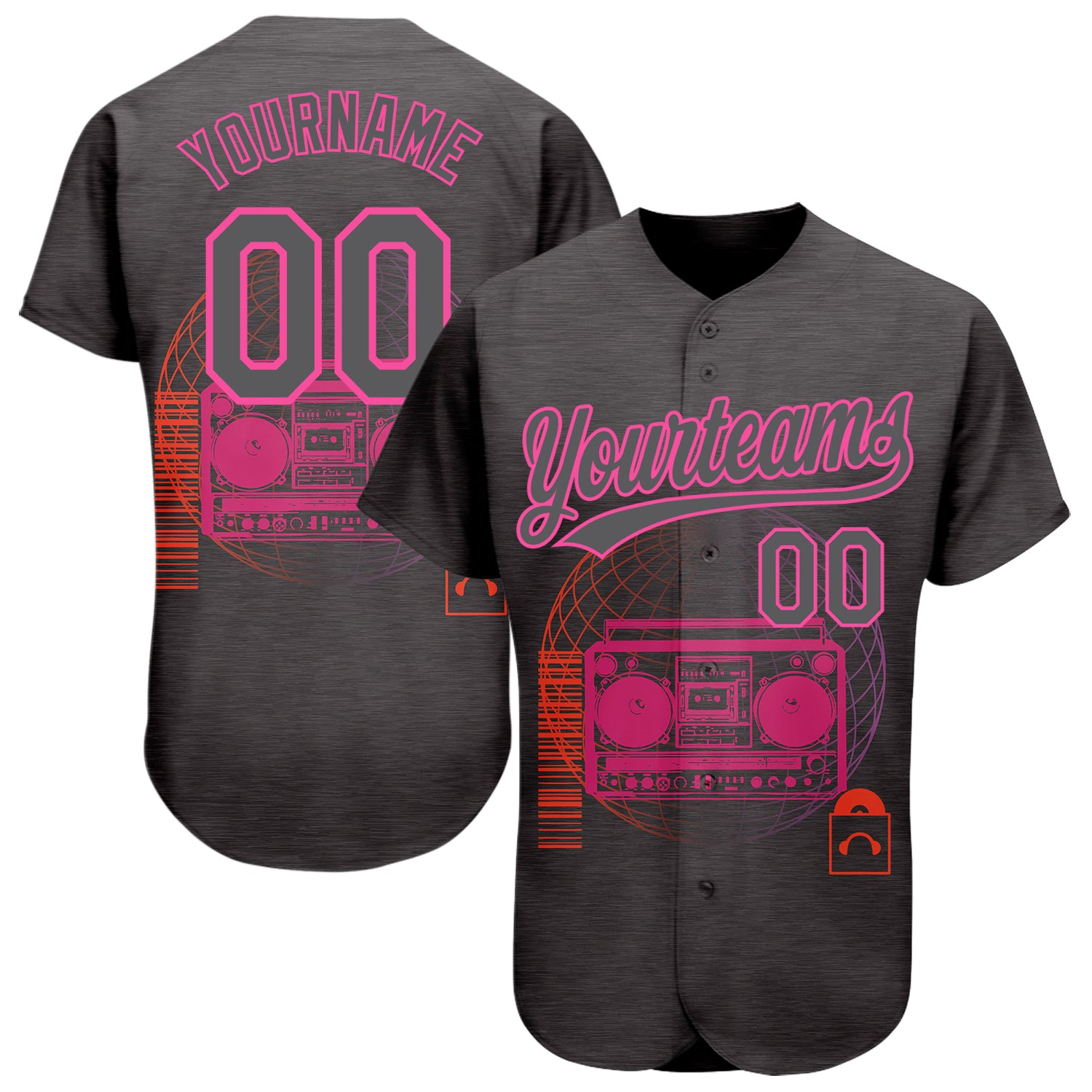 Custom Name & Number Baseball Jersey, 3D Pattern Design, Steel Gray & Pink, Music Festival, Old School Style Personalized